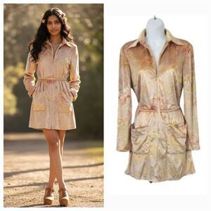 NEW Vintage 60s 70s Geometric Velvet Velour Longsleeve Mini Dress Size Medium